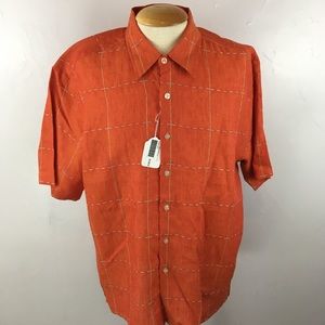 Visitor casual shirt orange tan 100% linen washable short sleeves x large XL